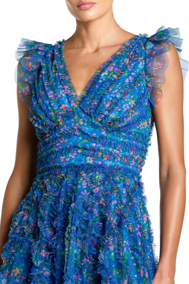 Floral V-Neck Ruffle Tiered Maxi Dress with Flutter Sleeves, Alternate, color, Blue Multi