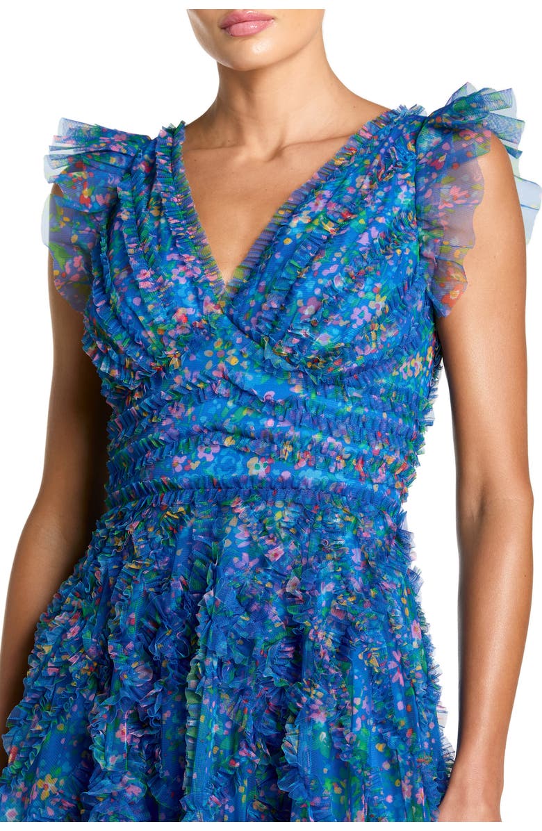 Mac Duggal Floral V-Neck Ruffle Tiered Maxi Dress with Flutter Sleeves, Alternate, color, Blue Multi