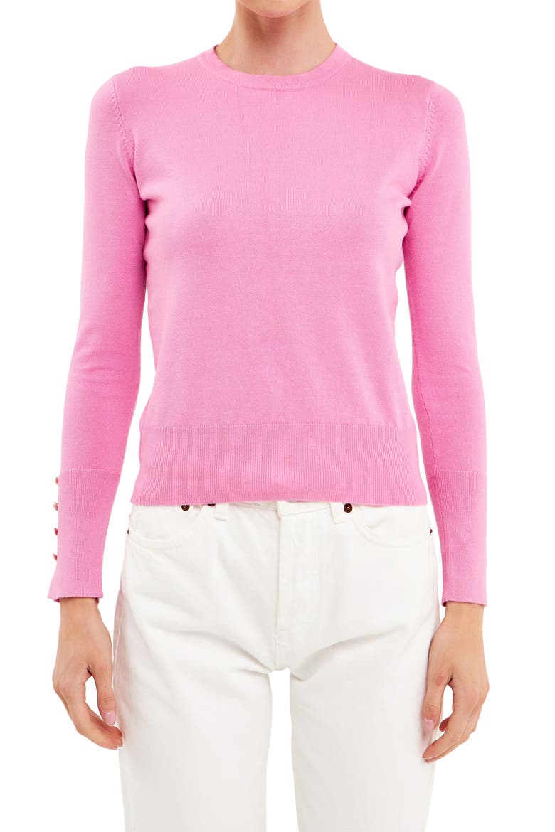 Button Cuff Sweater, Main, color, PINK