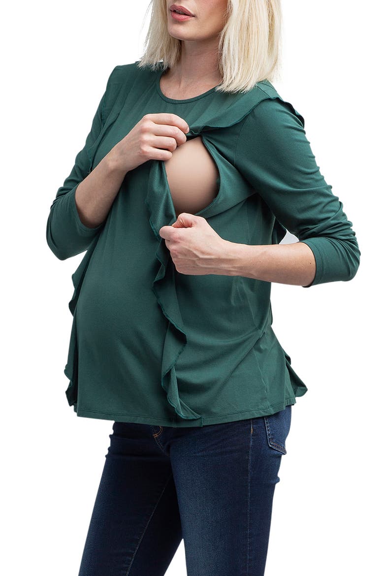 Fiona Ruffle Trim Maternity/Nursing Top, Alternate, color, FORREST GREEN