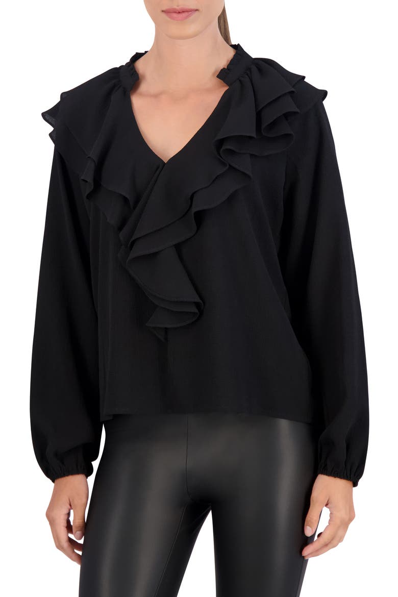 Ruffle Long Sleeve Crepe Top, Main, color, BLACK