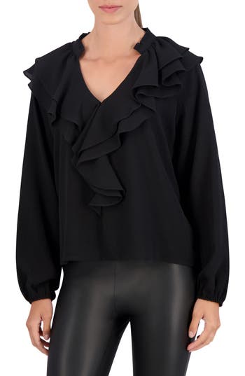 Ookie & Lala Ruffle Long Sleeve Crepe Top In Black