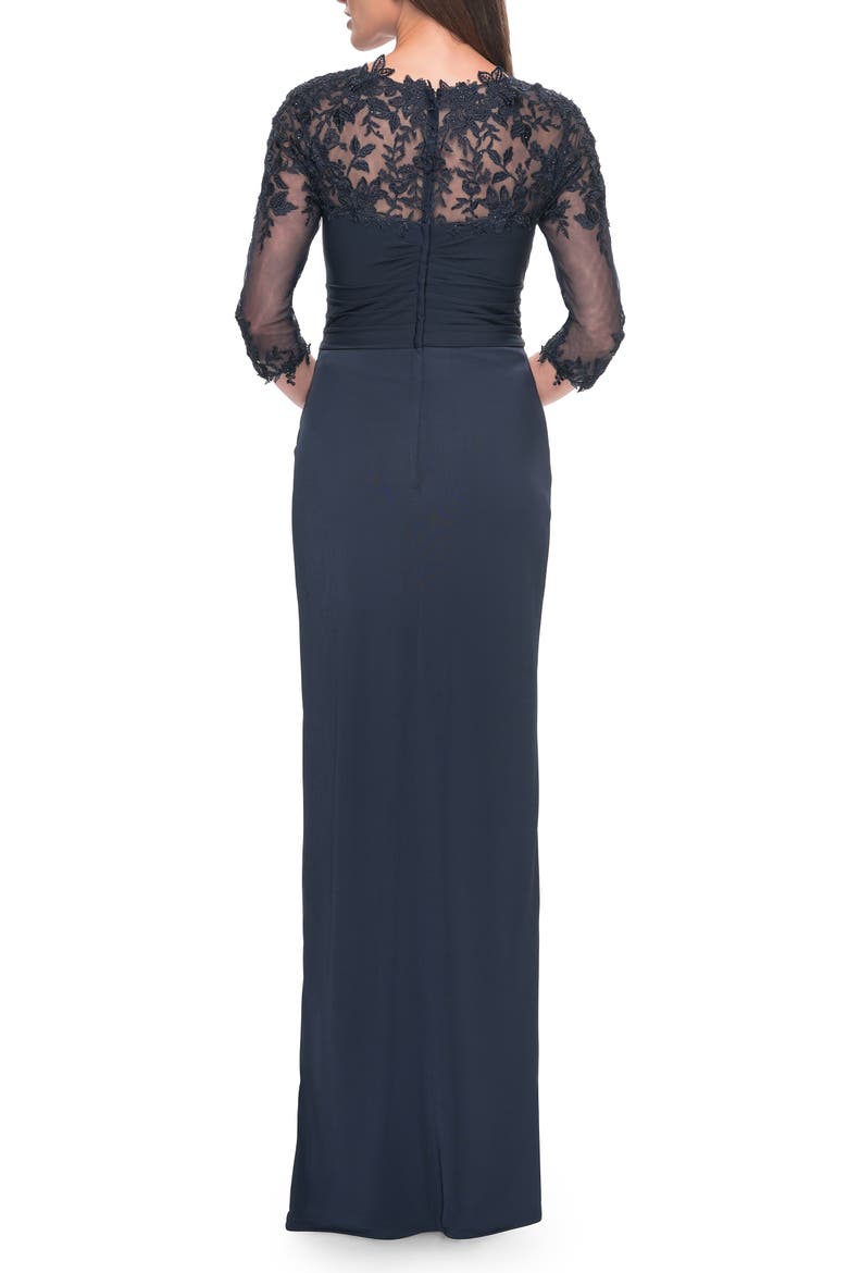 Long Jersey Evening Dress with Lace Sleeves, Alternate, color, Navy