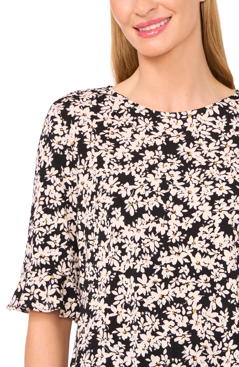 CeCe Floral Print Ruffle Sleeve Top, Alternate, color, Rich Black