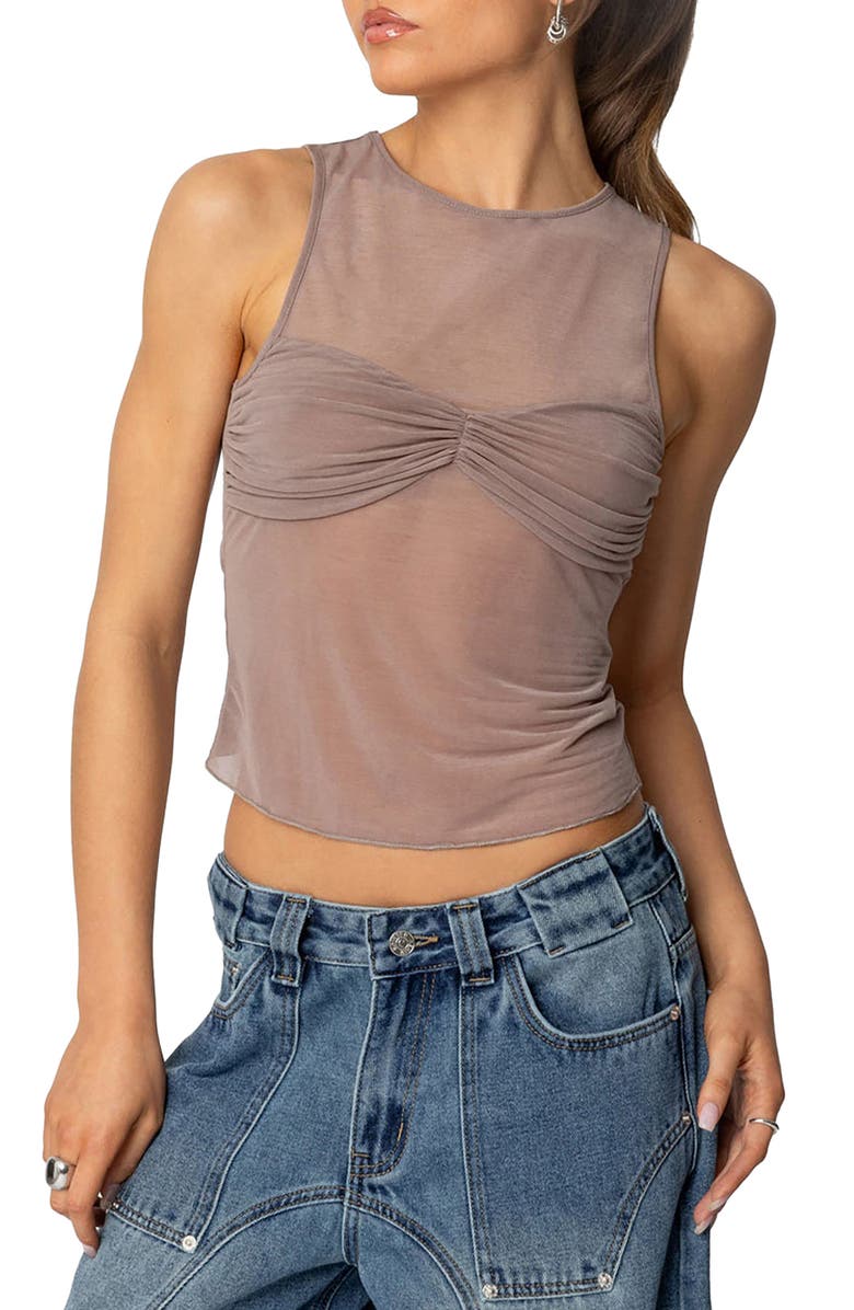 EDIKTED Erica Sheer Sleeveless Gathered Bodice Top, Main, color, Brown