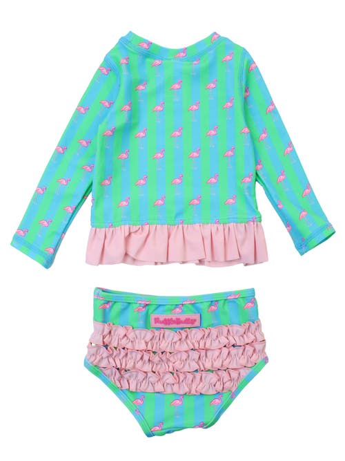 Rufflebutts Baby Girls Upf50+ Long Sleeve Rash Guard Bikini In Neon Flamingo Stripe