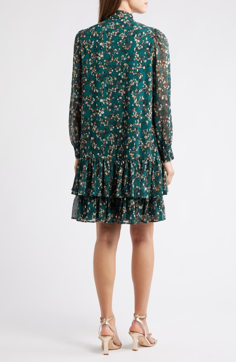 Anne Klein Floral Tie Neck Long Sleeve Ruffle Shirtdress, Alternate, color, Midnight Pine Multi