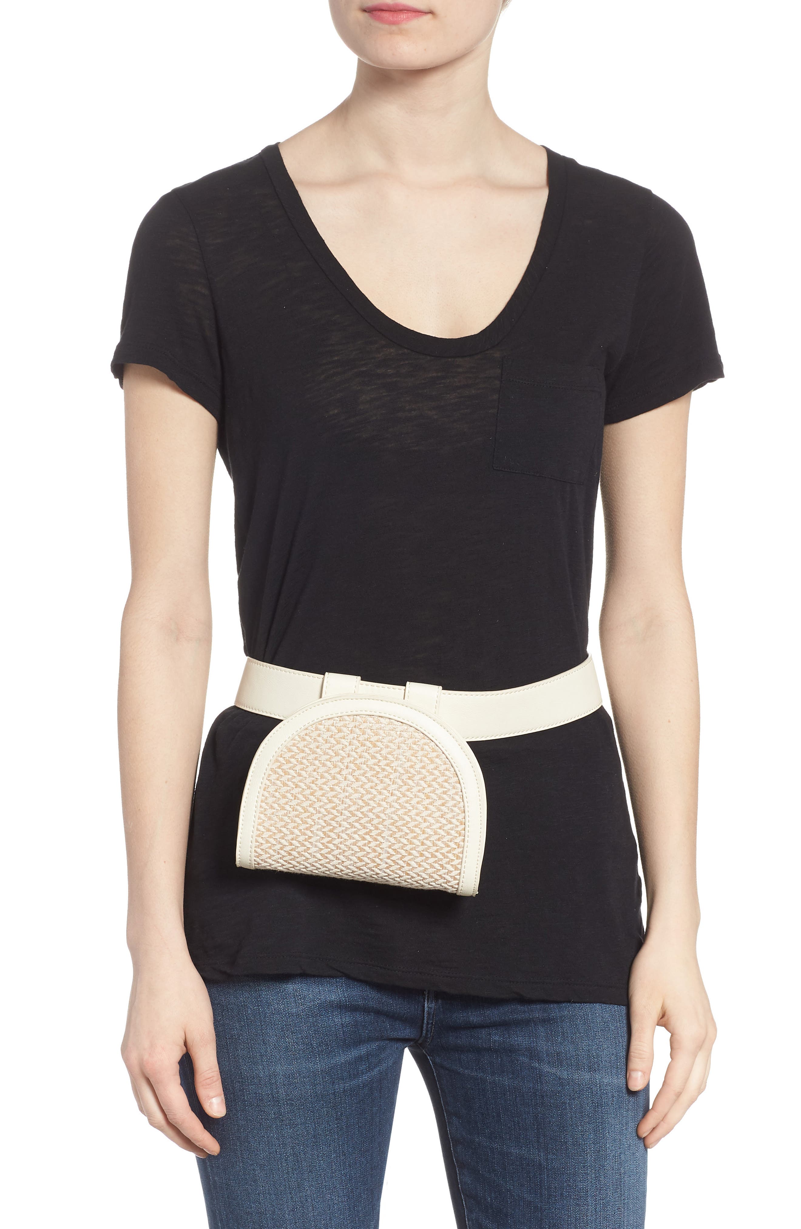 Leith Straw & Faux Leather Belt Bag, Alternate, color, 