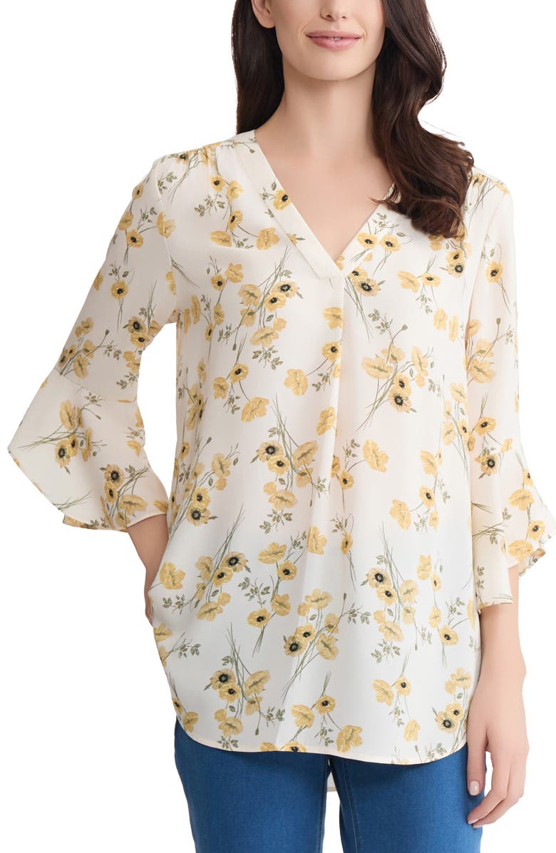 Jones New York Floral V-Neck Flutter Sleeve Top, Main, color, White Sand Multi