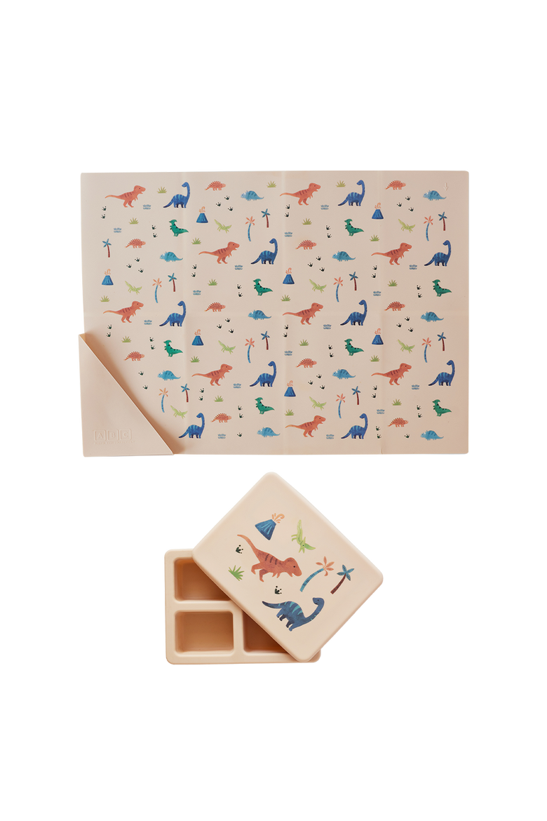 Silicone Mini Bento Box and Foldable Placemat, Main, color, Dinosaur Warm Cream