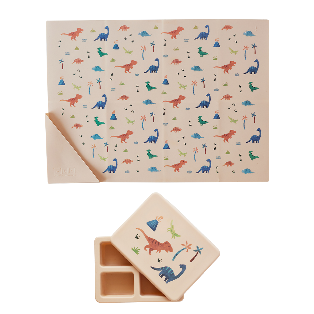 Austin Baby Co Silicone Mini Bento Box and Foldable Placemat in Dinosaur Warm Cream  product