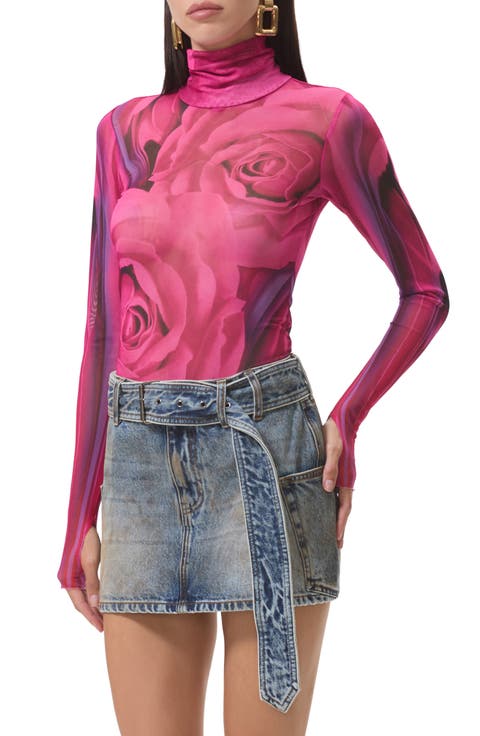 Zadie Print Turtleneck Mesh Top