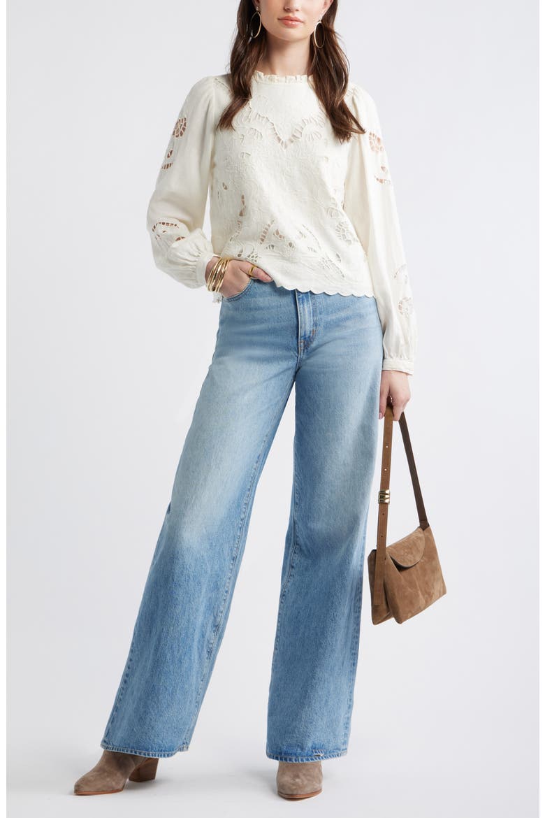 Open Floral Cutwork Linen Blend Top, Alternate, color, IVORY EGRET
