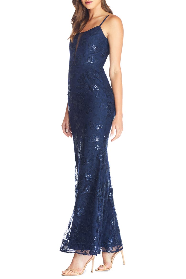 Mara Lace & Sequin Evening Gown, Alternate, color, NAVY