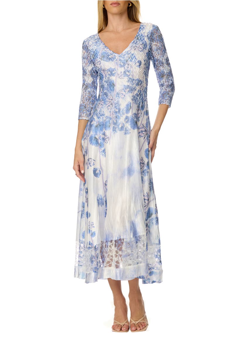 Border Print Charmuese Dress with Lace Sleeves, Main, color, Indigo Vine