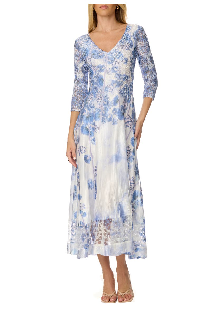 Komarov Border Print Charmuese Dress with Lace Sleeves, Main, color, Indigo Vine