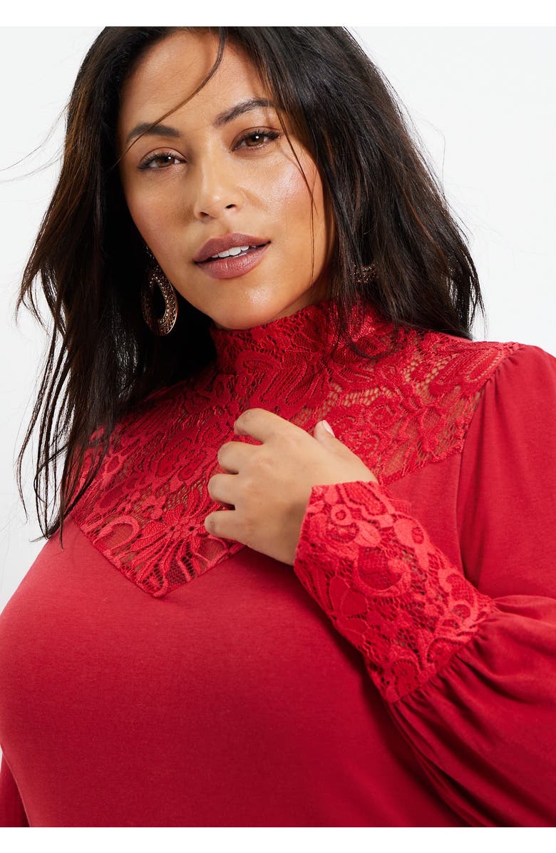 June + Vie Lace Yoke Mockneck Top, Alternate, color, Classic Red
