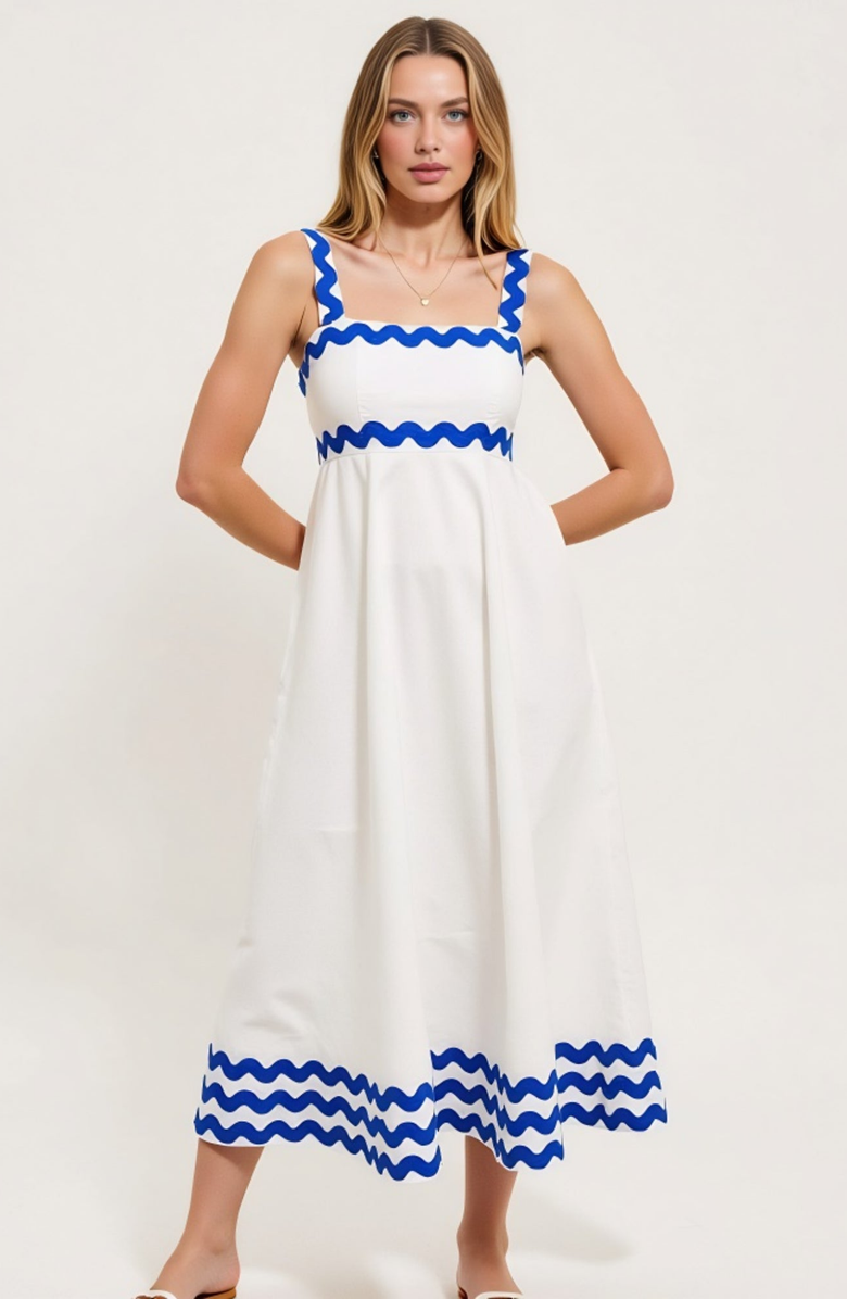 Modenaire Scalloped Strap Wave Trim A-Line Maxi Dress, Alternate, color, White / Blue Wave