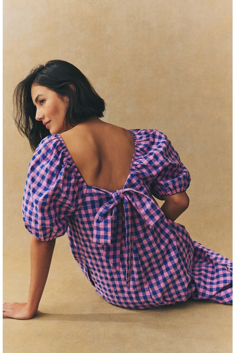 Gingham Puff Sleeve Seersucker Dress, Alternate, color, PURPLE
