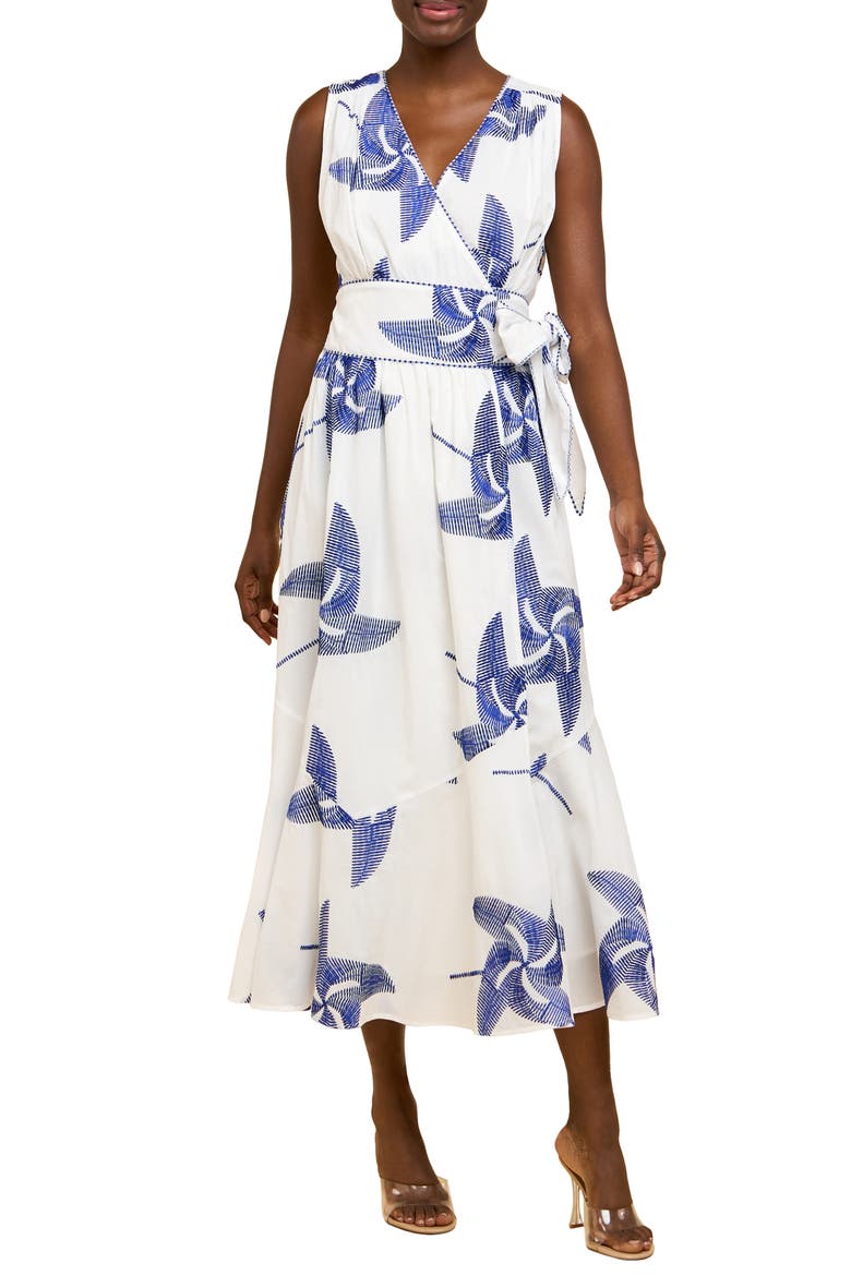 Kaiden Embroidered Tie Belt Maxi Wrap Sundress, Main, color, OFF WHITE/ BLUE