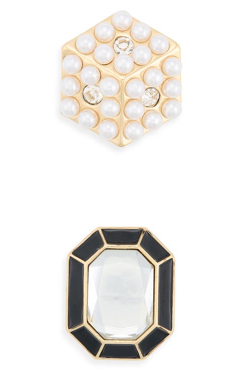 Set of 2 Faux Pearl and Crystal Brooches