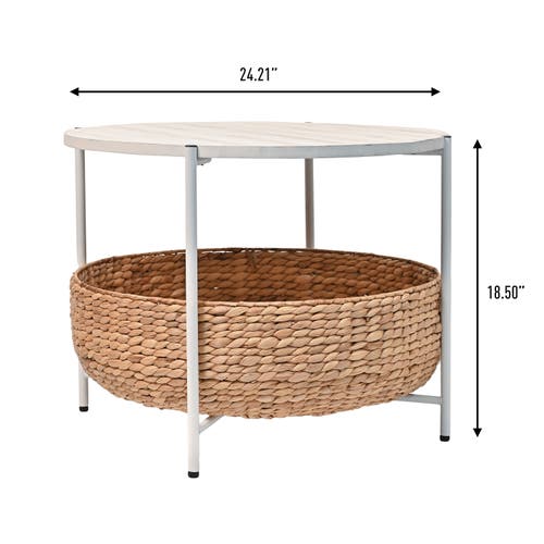 Happimess Carly 24.21" Modern Coastal Round Acacia Wood/water Hyacinth Coffee Table With Storage Bas