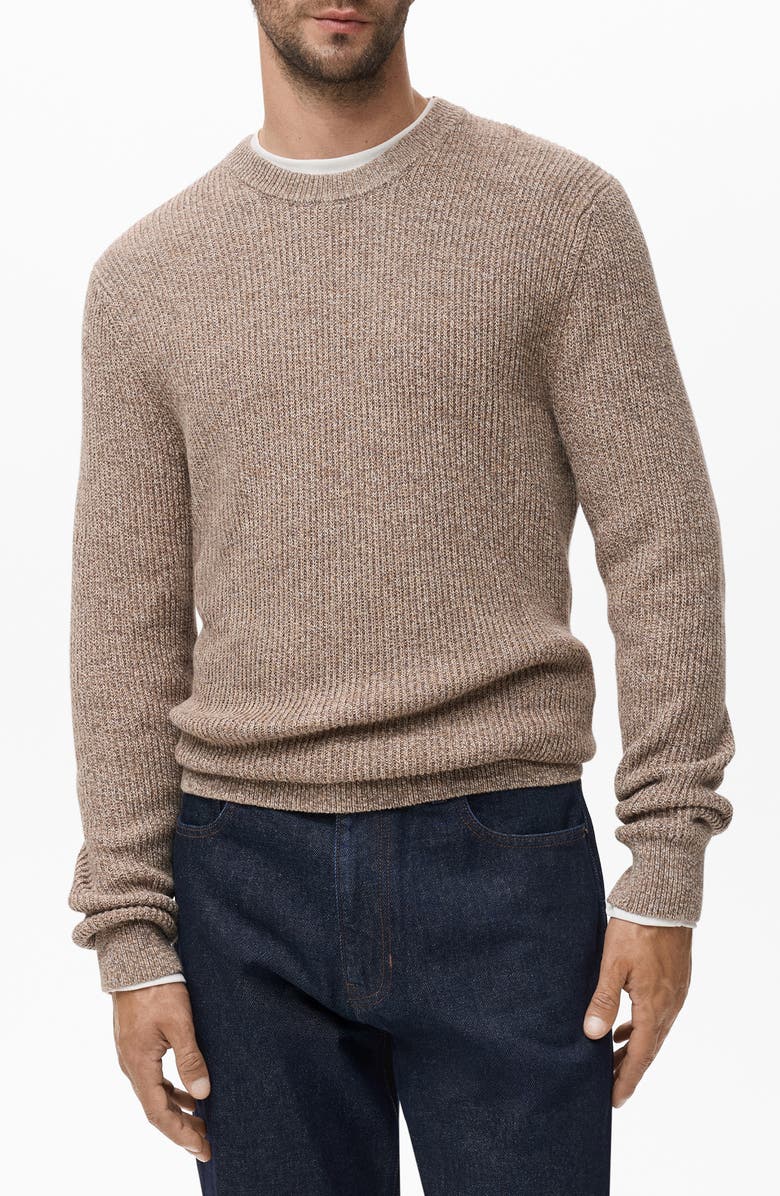 MANGO Marled Cotton Crewneck Sweater, Main, color, Beige