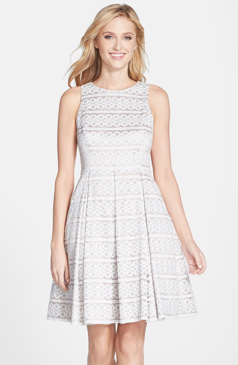 Eliza J Belted Eyelet Lace Fit & Flare Dress, Main, color,