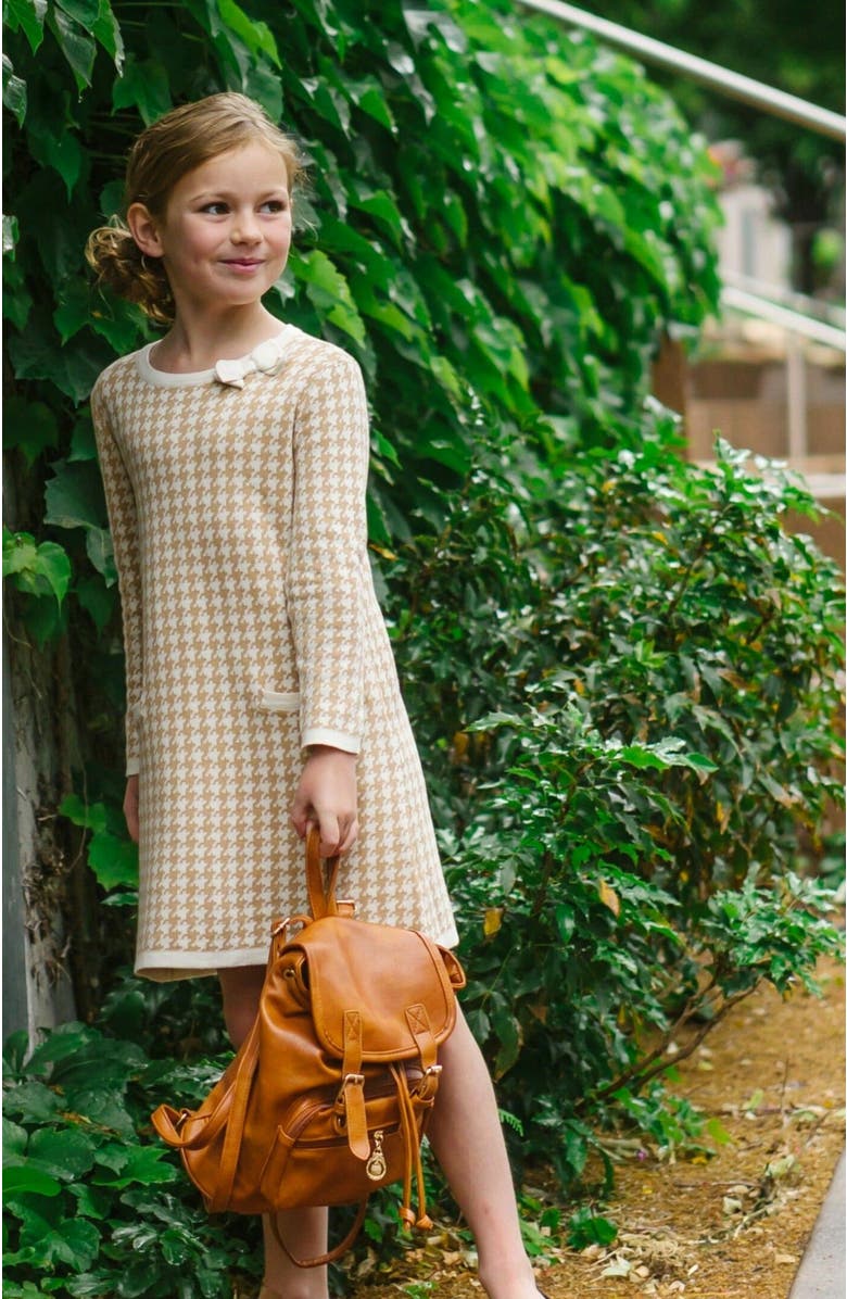 Hope & Henry Kids' Organic Long Sleeve Bow Detail Intarsia Sweater Dress, Alternate, color, Tan Houndstooth