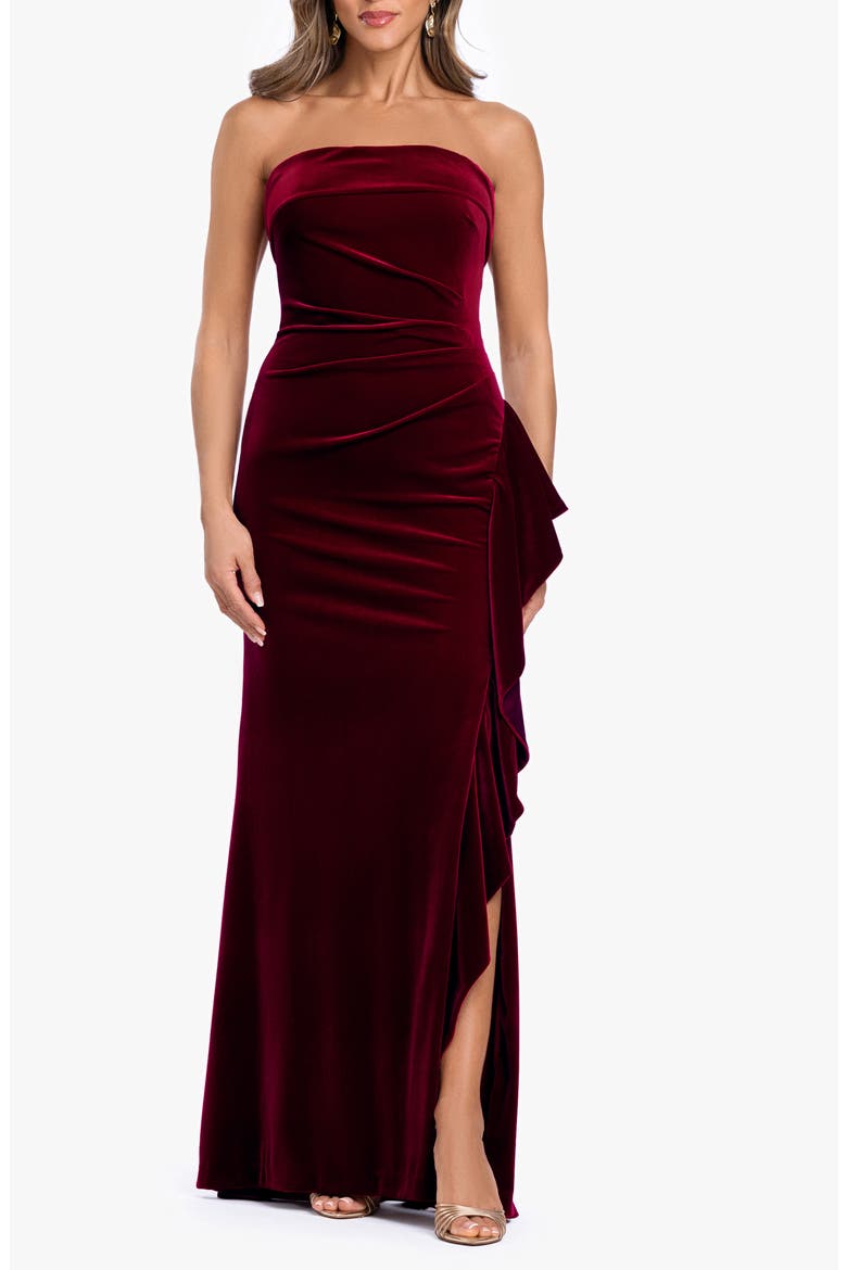 Strapless Ruffle Stretch Velvet Gown, Main, color, BURGUNDY