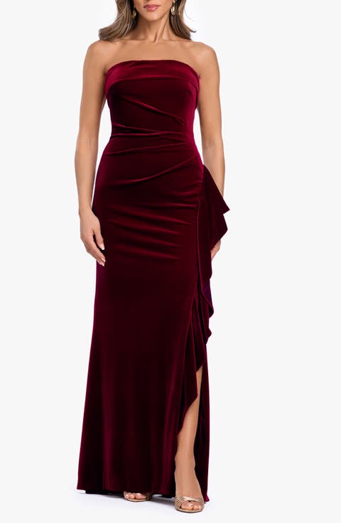 Strapless Ruffle Stretch Velvet Gown