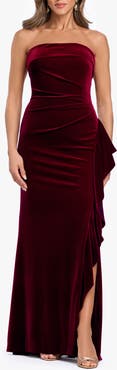 Xscape Evenings Strapless Ruffle Stretch Velvet Gown