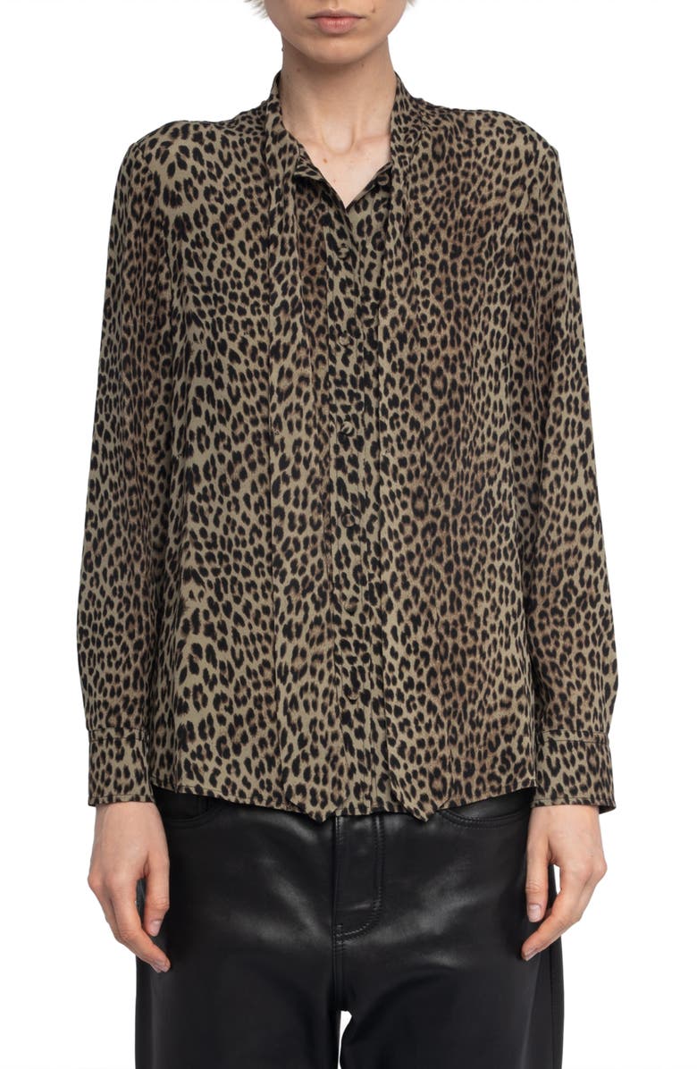 Zadig & Voltaire Tulba Leopard Print Tie Neck Button-Up Shirt, Main, color, 