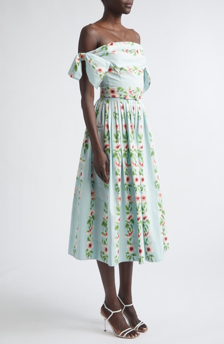 Oscar de la Renta Hibiscus Stripes Cotton Stretch Poplin Midi Dress, Alternate, color, Saltwater
