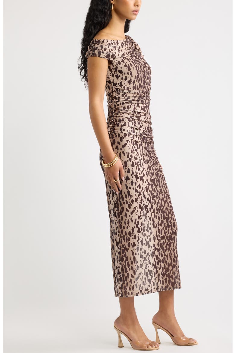 Off the Shoulder Mesh Midi Dress, Alternate, color, TAN- BROWN C LEOPARD SPOT