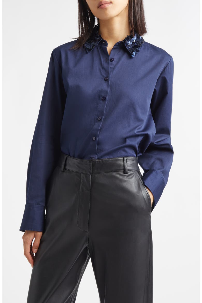 Alina Sequin Collar Cotton Button-Up Shirt, Main, color, NAVY