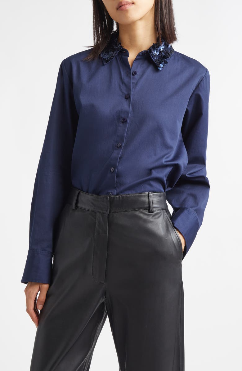 Derek Lam 10 Crosby Alina Sequin Collar Cotton Button-Up Shirt, Main, color, Navy