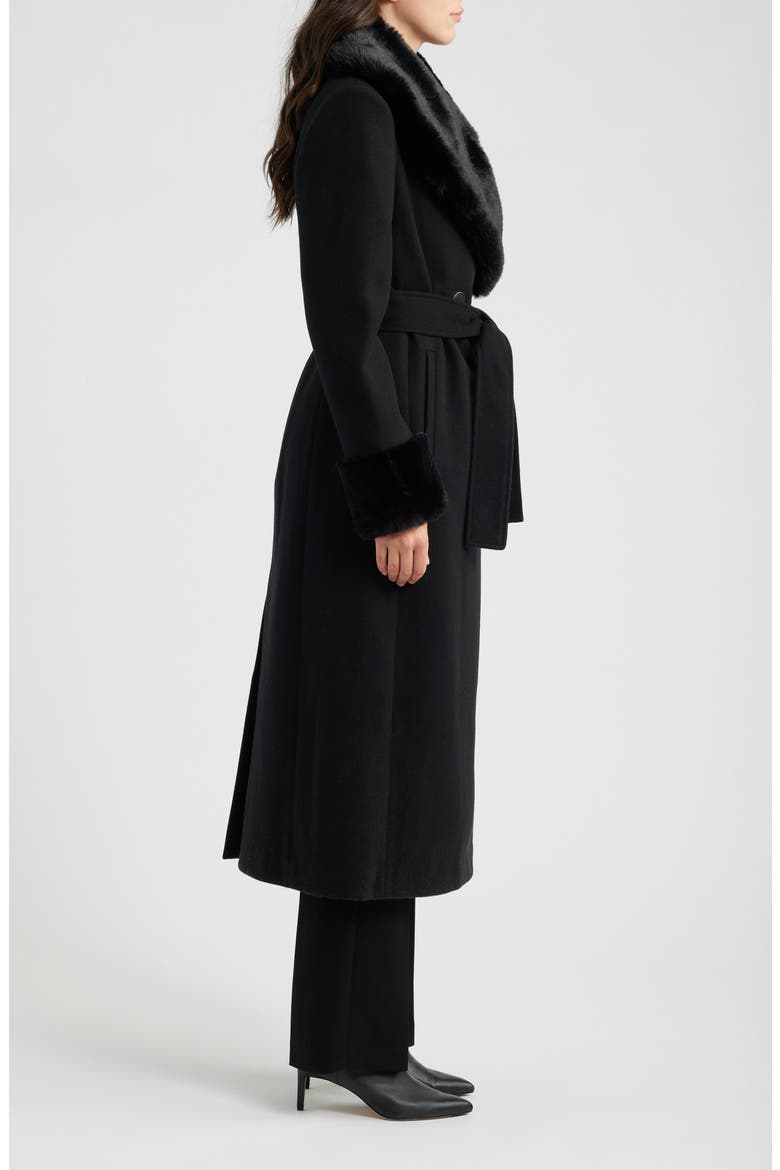 Faux Fur Trim Belted Coat, Alternate, color, BLACK