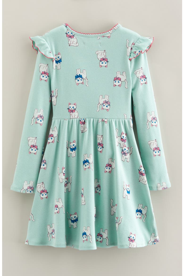 Kids' Ruffle Long Sleeve Rib Dress, Alternate, color, GREEN FLORA BOW KITTENS