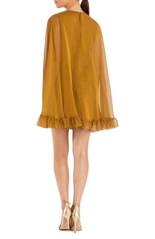Mac Duggal High Neck Cape Mini Dress With Ruffle Hem In Gold
