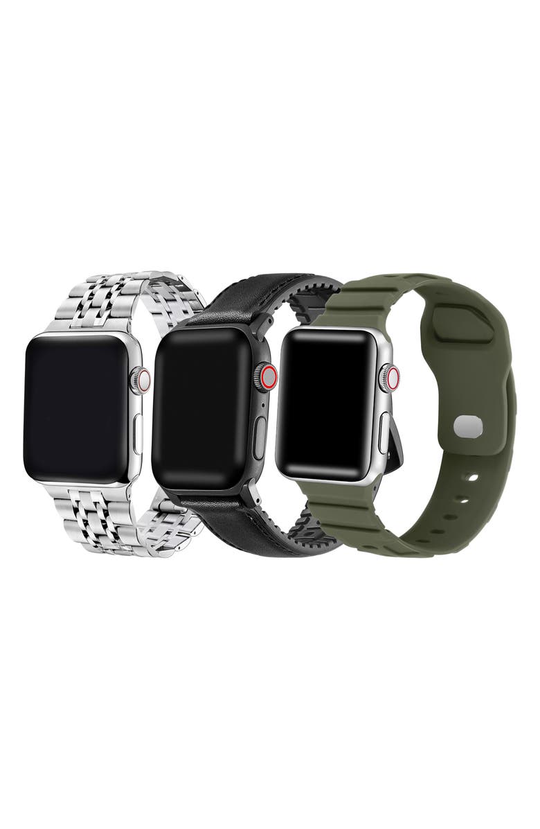 The Posh Tech 3-Pack 24mm Apple Watch<sup>®</sup> Watchbands, Alternate, color, Silver Black Green