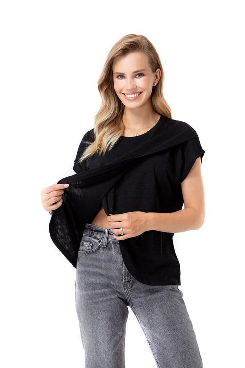 Accouchée Crossover Short Sleeve Cotton Maternity/nursing Top In Black
