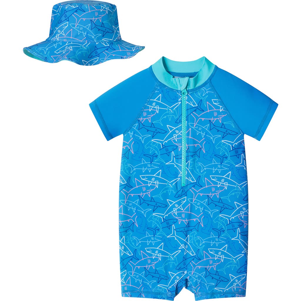 Andy & Evan Short Sleeve One-piece Swimsuit & Hat Set In Aqua