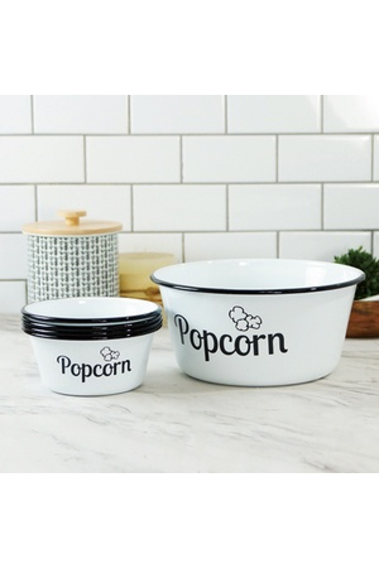 Metal 11 Inch White Popcorn Bowl Set of 5 with Vintage Style, Main, color, White