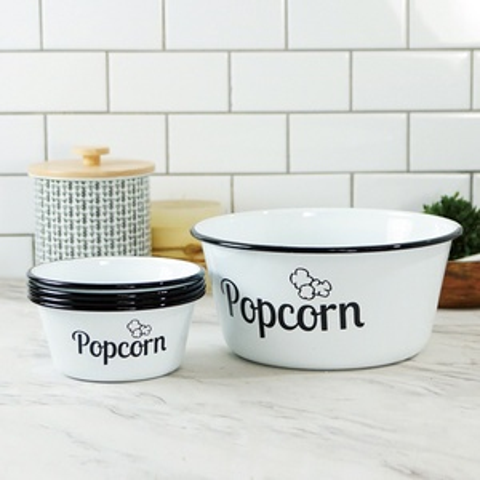 Metal 11 Inch White Popcorn Bowl Set of 5 with Vintage Style