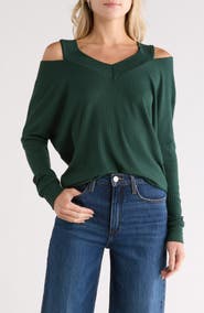 GO COUTURE Cold Shoulder V-Cut Long Sleeve Top