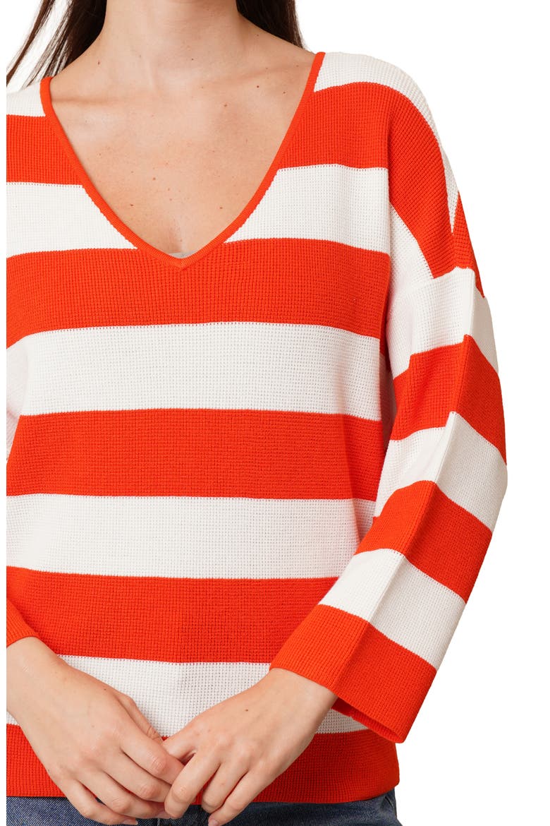 Stripe V-Neck Waffle Knit Sweater, Alternate, color, TANGERINE TANGO/ BRIGHT WHITE
