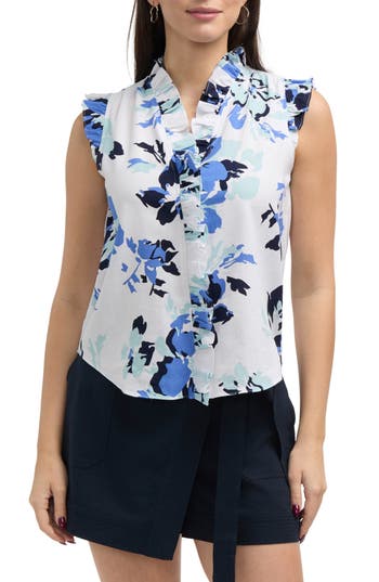 Ellen Tracy Ruffle Linen Blend Shirt In Azure Bouquet