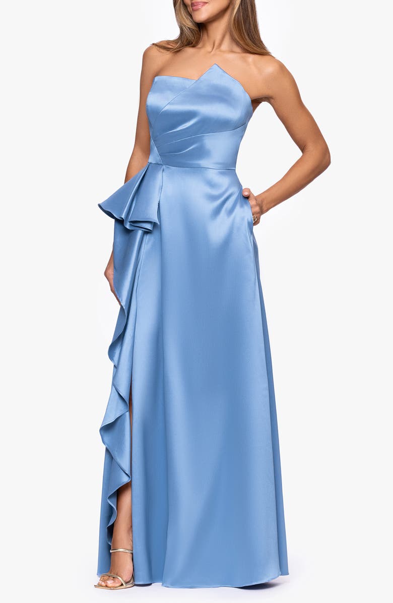 Xscape Evenings Asymmetric Strapless Stretch Satin Gown, Alternate, color, Slate