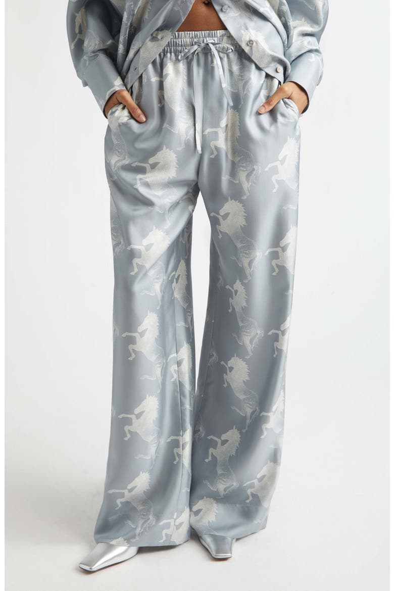 Horse Print Paneled Silk Drawstring Pants, Main, color, BLUE/ CREAM
